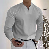 Male Fashion Casual Solid Color V-neck Long Sleeve Shirts Wine Red / Without pockets / 5XL-Light Grey-9