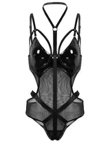 Faux Leather PU Hollow Halter One Piece Lingerie-Black-2