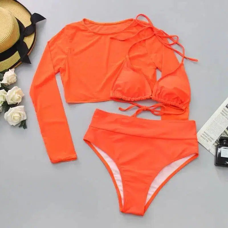 Mesh Three-piece Bikini Split Swimsuit-Orange-2