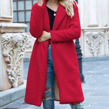 Mid Length Lapel Sweater Cardigan Sherpa Jacket-Red-2