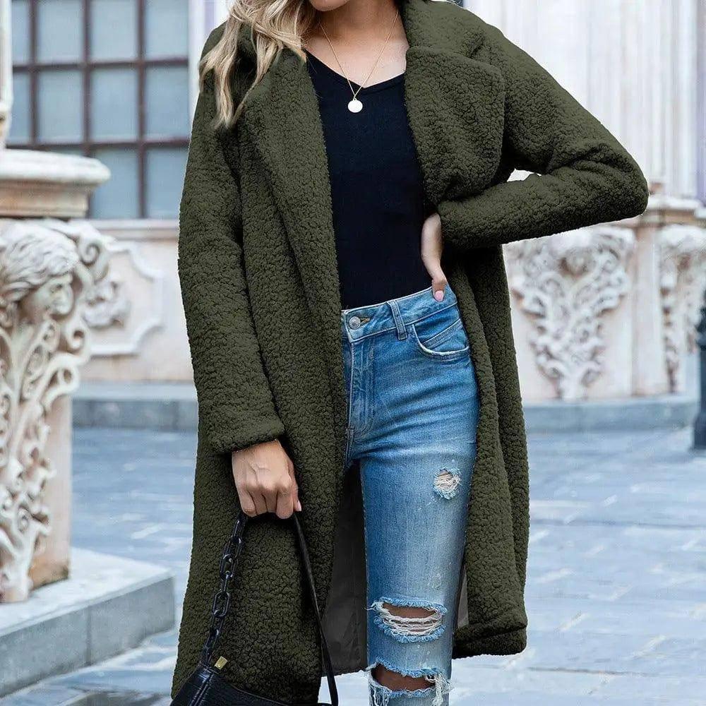 Mid Length Lapel Sweater Cardigan Sherpa Jacket-Army green-21