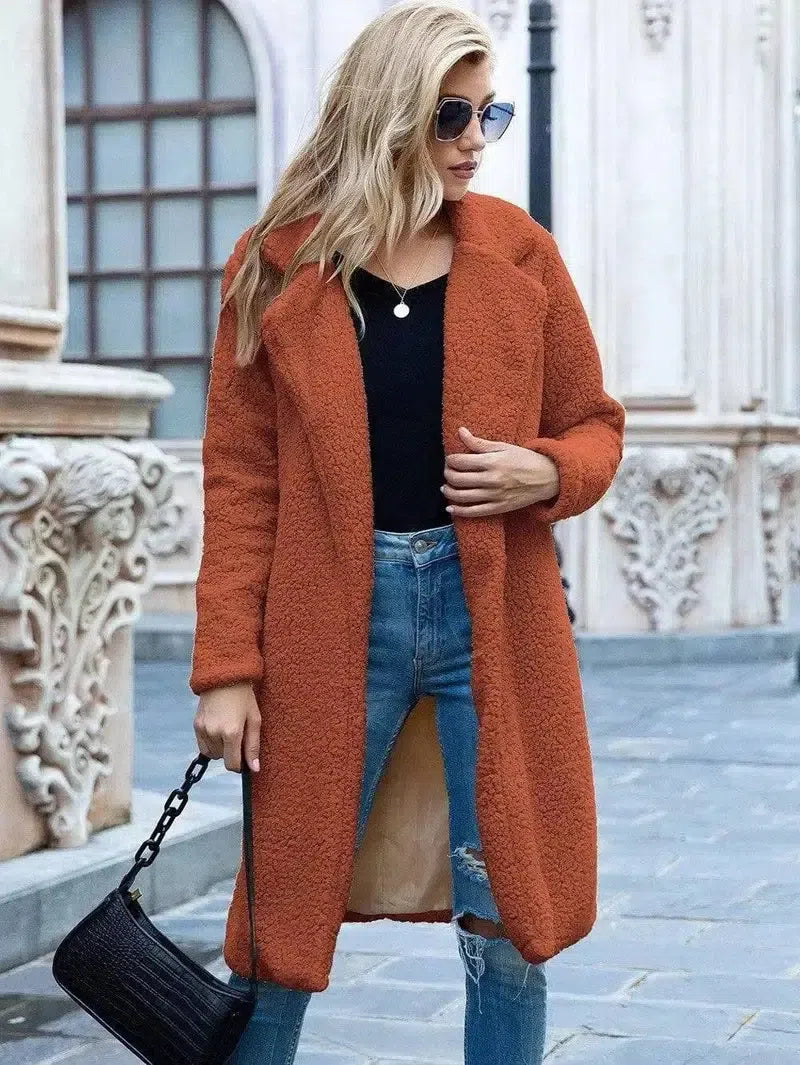 Mid Length Lapel Sweater Cardigan Sherpa Jacket-Caramel-4