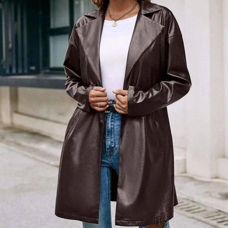 Mid-length Leather Western-lace Slim Long-sleeved Trench-7