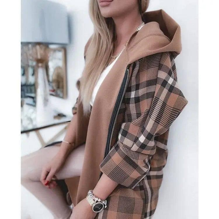 Mid-length Zipper Plaid Coat Women's Loose Coat-Black-3