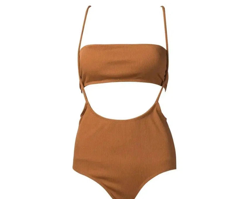 Ms. Split Swimsuit Solid Color Irregular Bib Bikini-Brown-6