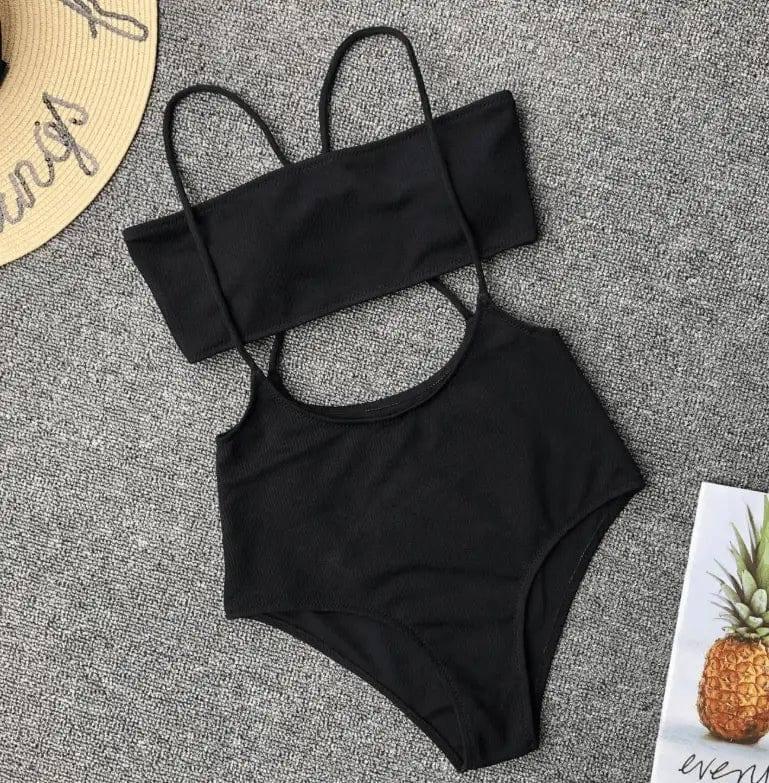Ms. Split Swimsuit Solid Color Irregular Bib Bikini-Black-8