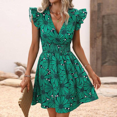 New Flowers Print Ruffled Sleeveless Dress Summer Sexy Deep-Green-3