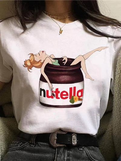 New Nutella Print T Shirt Women 90s Harajuku Kawaii Fashion-White-3