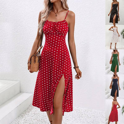 New Polka Dot Print Suspender Dress Summer Slit Long-1