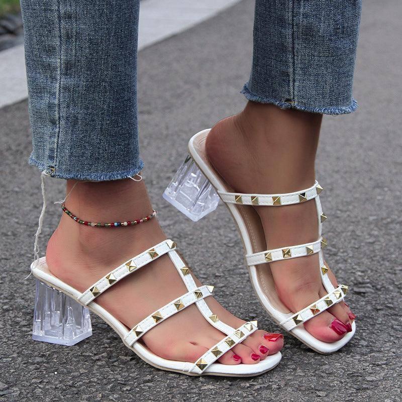 New Square Toe Transparent Sandals With Rivet Design Summer-4