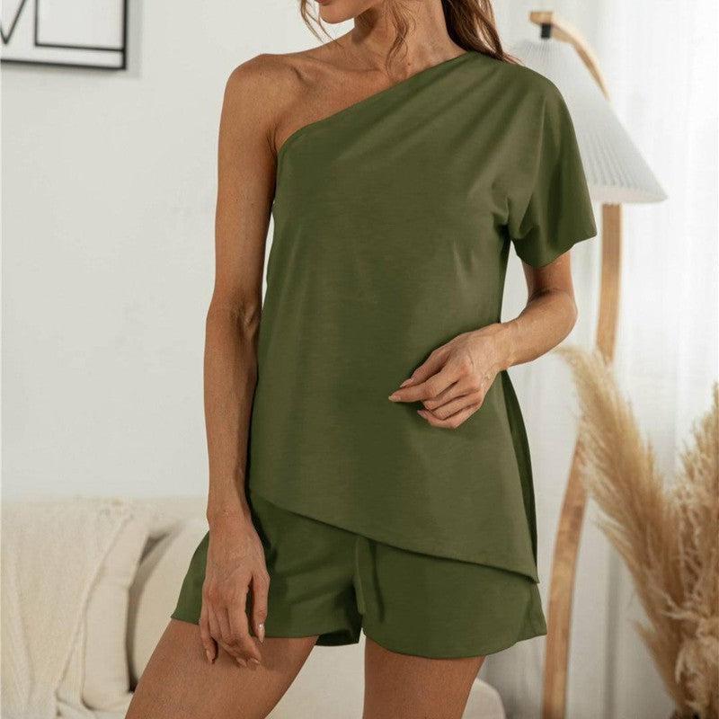 Off-the-shoulder Short Sleeve Sloping-shoulder Off The-shoulder Casual Two-piece Suit-1