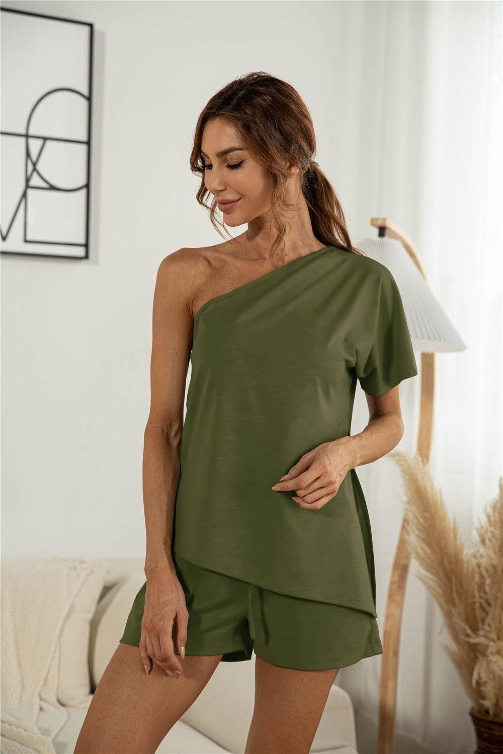 Off-the-shoulder Short Sleeve Sloping-shoulder Off-Army Green-5