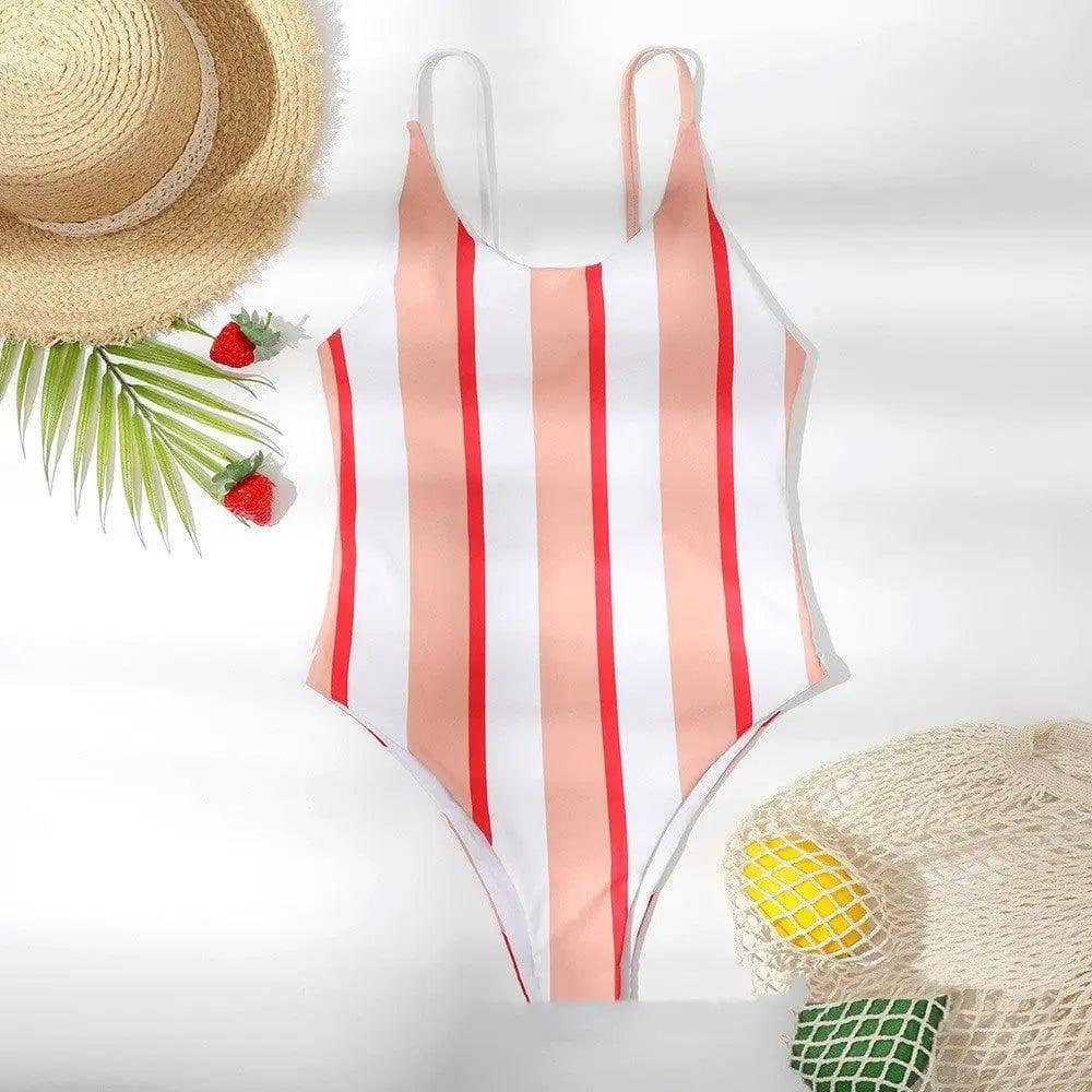 One-piece Bikini One-piece Swimsuit Striped Slimn-Pink-2