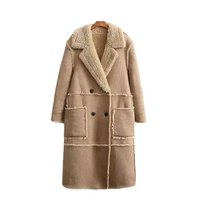 Personality Stitching Fleece Coat Coat Autumn And Winter-Khaki-3