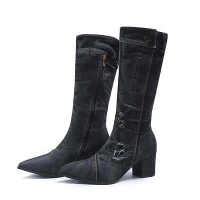 Pointed Toe Thick Heel Denim High Boots For Women-Black-3