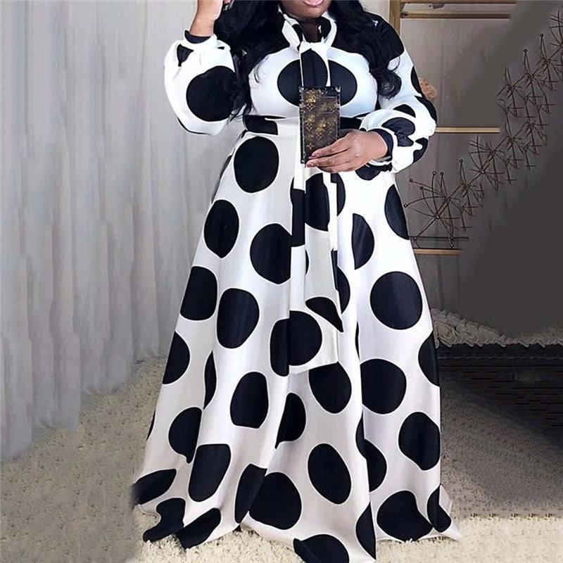 Plus Size Clothing Women Boho Long Maxi Dress 5XL Casual Dots Dresses Bow Elegant Ladies Big Shirt Dress Wholesale Dropshipping-4