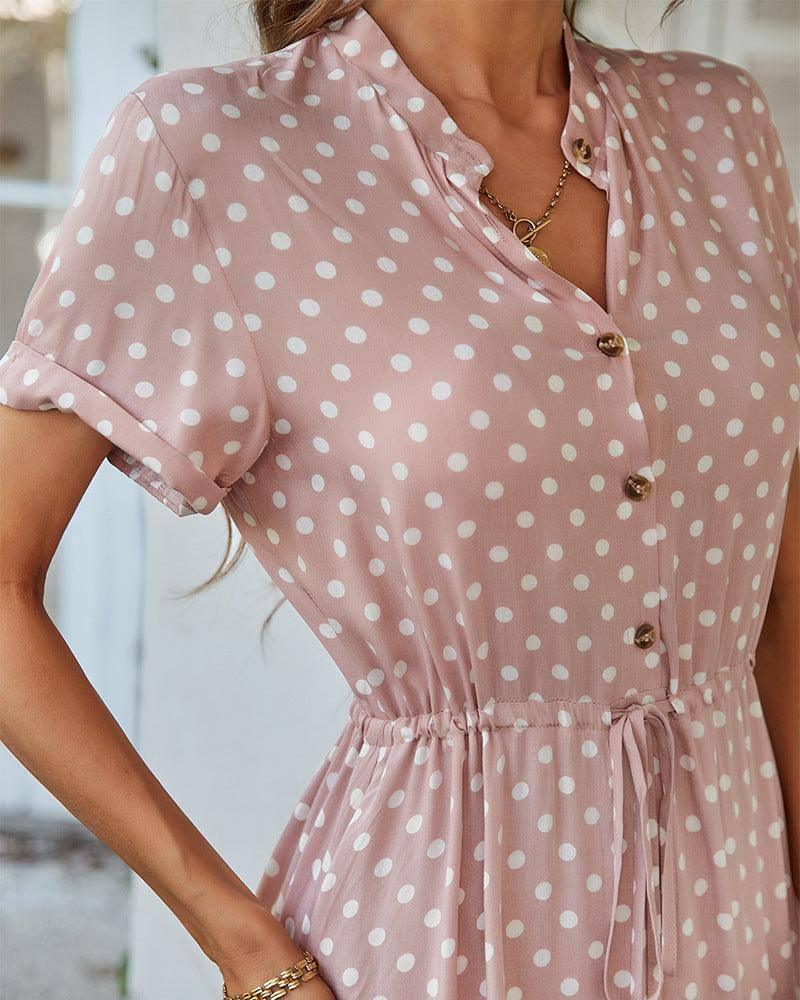 Polka Dot Print Shirt Collar Large Swing Dress-9