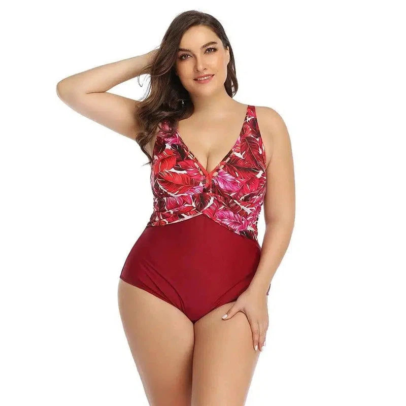 Print one-piece suit with a cross over chest-Red-3