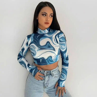 Printed Half Turtleneck Pullover Crop Finger Sleeve Top-Blue-1