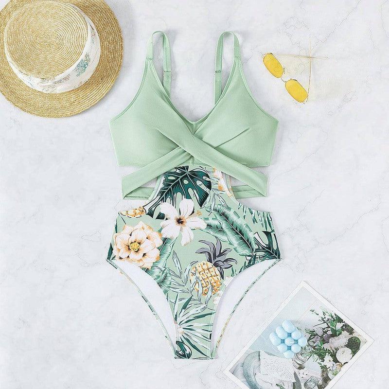 Printed Hollow-Out Tied One-Piece Bikini-4