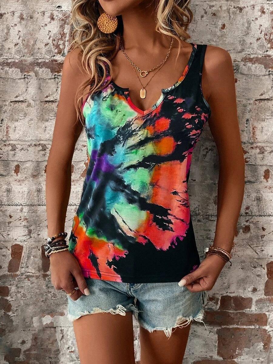 Printed Painted V-neck Open Vest Top-Red-10