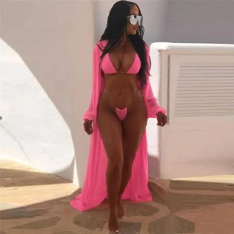 pure color two-piece bikinis long-sleeved blouse-Pink-1