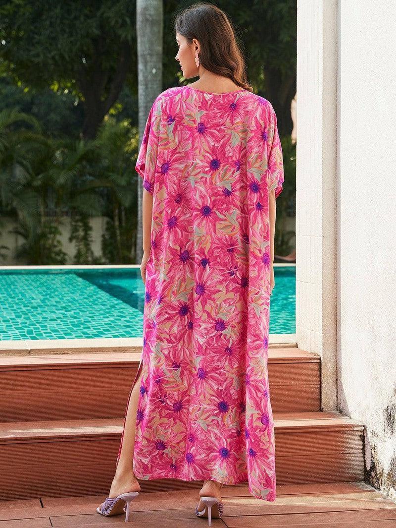 Rayon Rose Red Embroidered Beach Dress Outer Wear-Pink-4