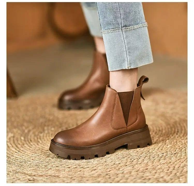 Retro Short Tube Soft Leather Booties Women Chimney-Brown-2