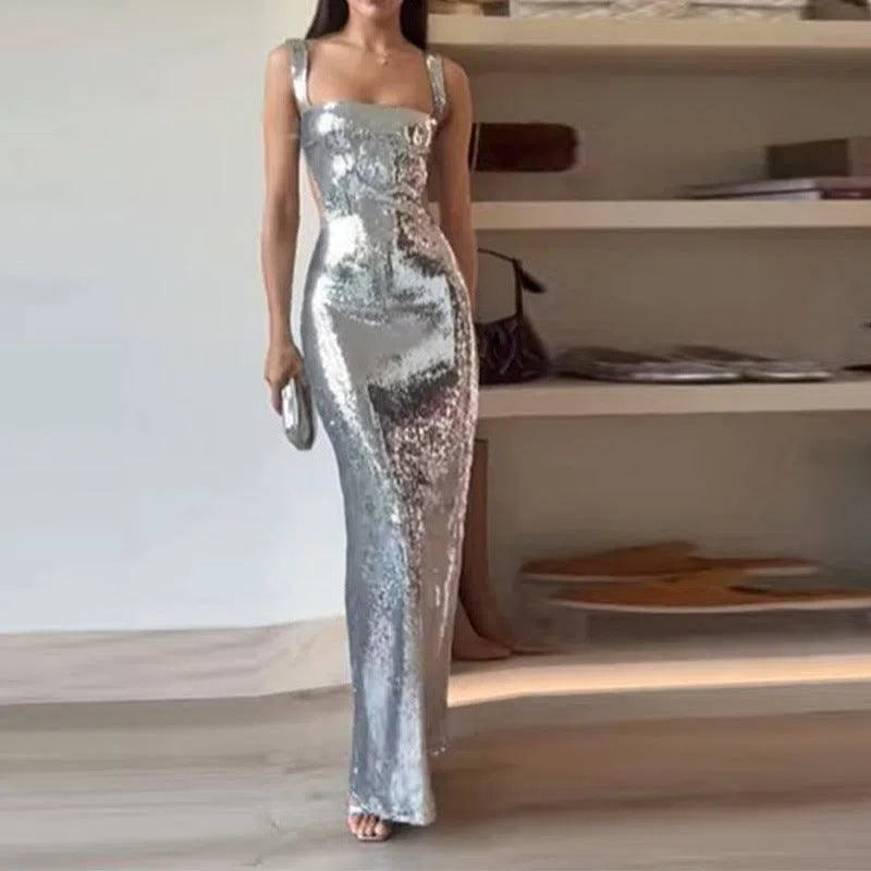 Elegant Silver Sequin Backless Maxi Dress-1