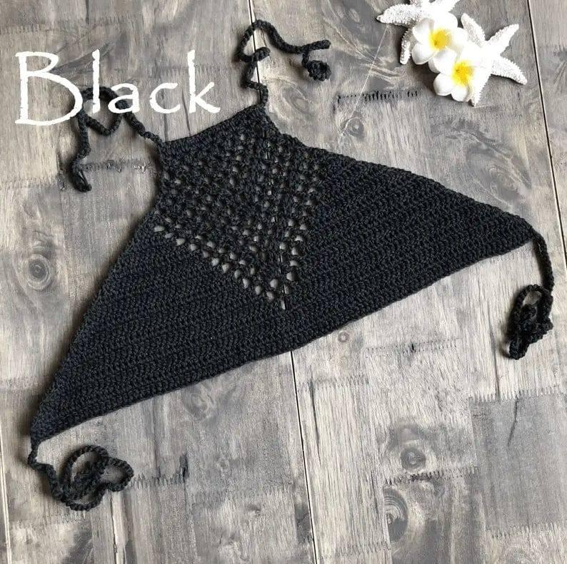 Sexy hand hook knitted halter neck wrapped chest bikini-Black-4