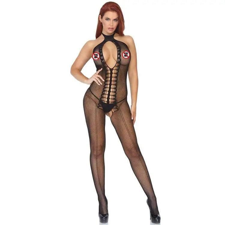 Sexy Lingerie Sexy Deep V Hollow One-piece Net-Black-2