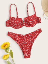 Sexy Small Floral Bikini Split Female Swimsuit-Red-2