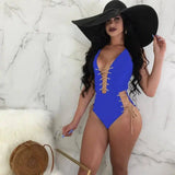 Sexy Solid Color Lace One-piece Bikini-Blue-2