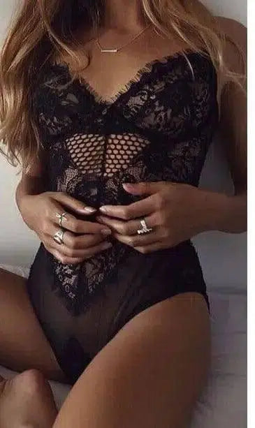 Sexy tight bodysuit lace suit hollowed out sexy lingerie-black-1