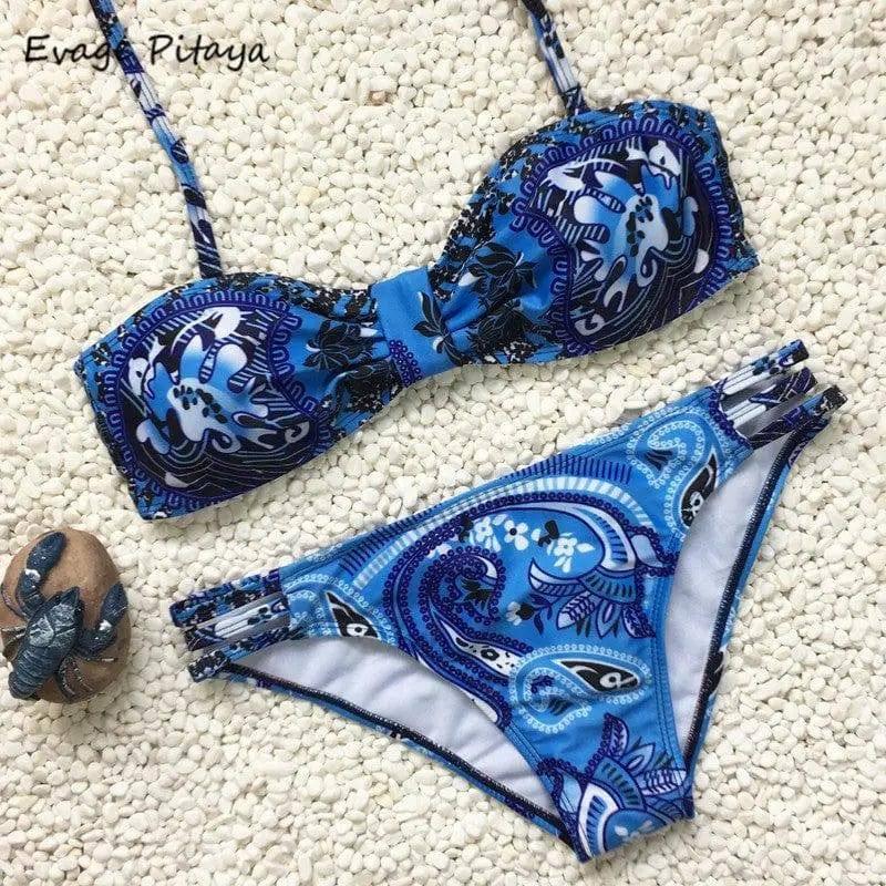 sexy white bikini blue bandeau print bikini halter Swimsuit-S-2