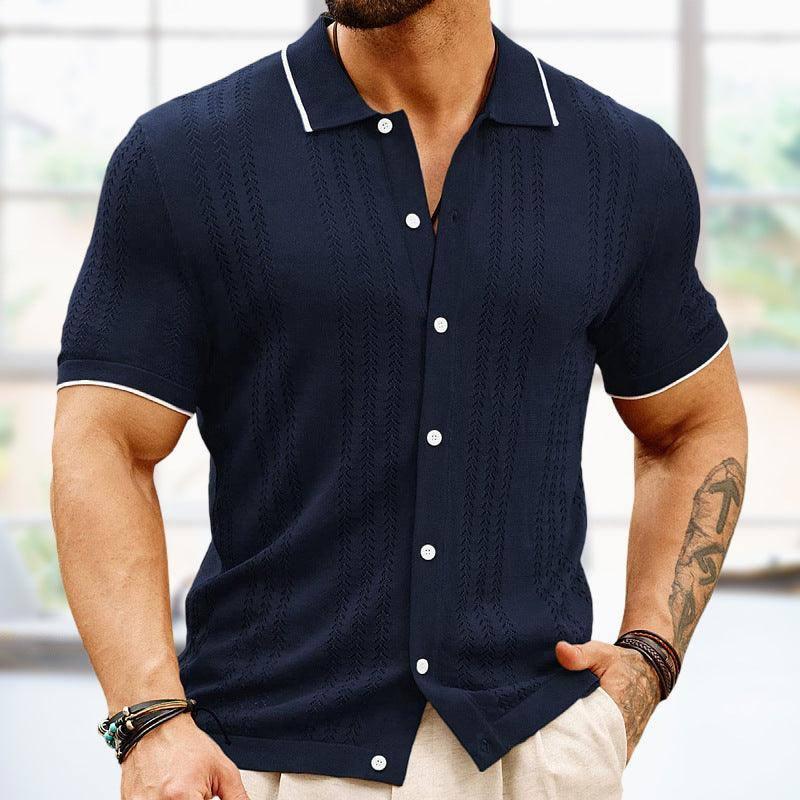 Short-sleeved Polo Shirt Summer Button Lapel Top Fashion-Navy Blue-8