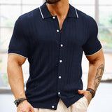 Short-sleeved Polo Shirt Summer Button Lapel Top Fashion Khaki / 3XL-Navy Blue-8