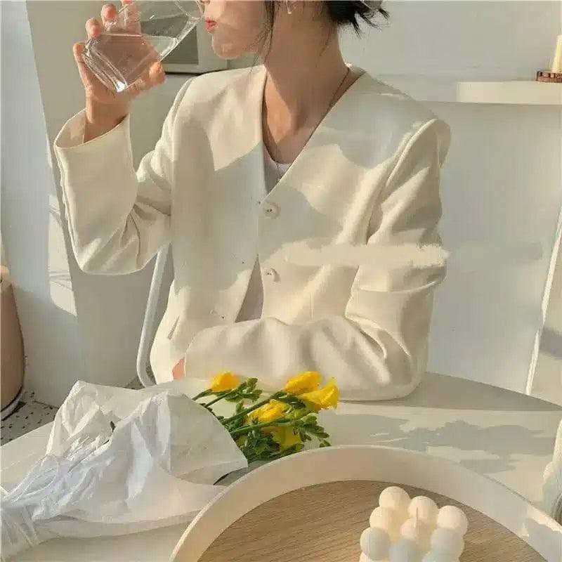 Simple V-neck Single-Breasted Casual Suit Jacket Women-White-2