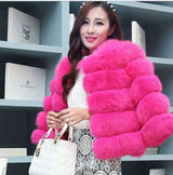 Slim short faux fox fur coat-RoseRed-2