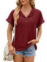 Solid Color Hooded Button T-shirt Loose Hollow Design-Wine Red-5