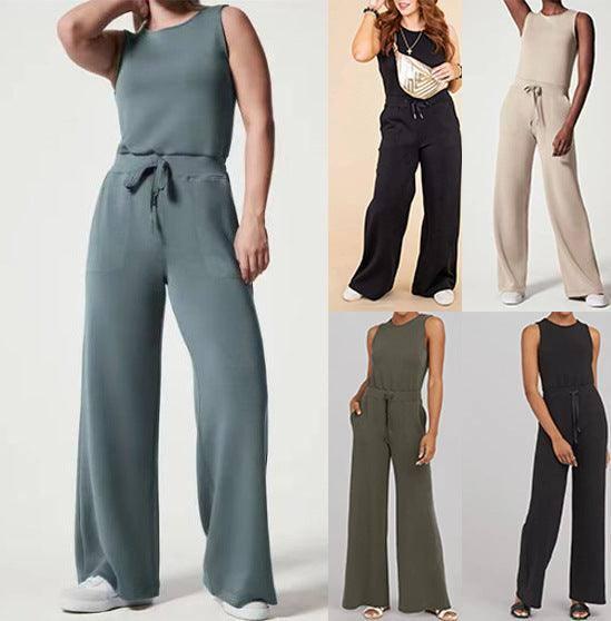 Solid Color Jumpsuit Sleeveless Tops Tie Elastic Pants Romper-1