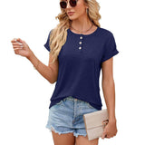 Solid Color Round Neck Button Short Sleeve T-Shirt Summer-Navy Blue-6