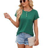 Solid Color Round Neck Button Short Sleeve T-Shirt Summer-Dark Green-9