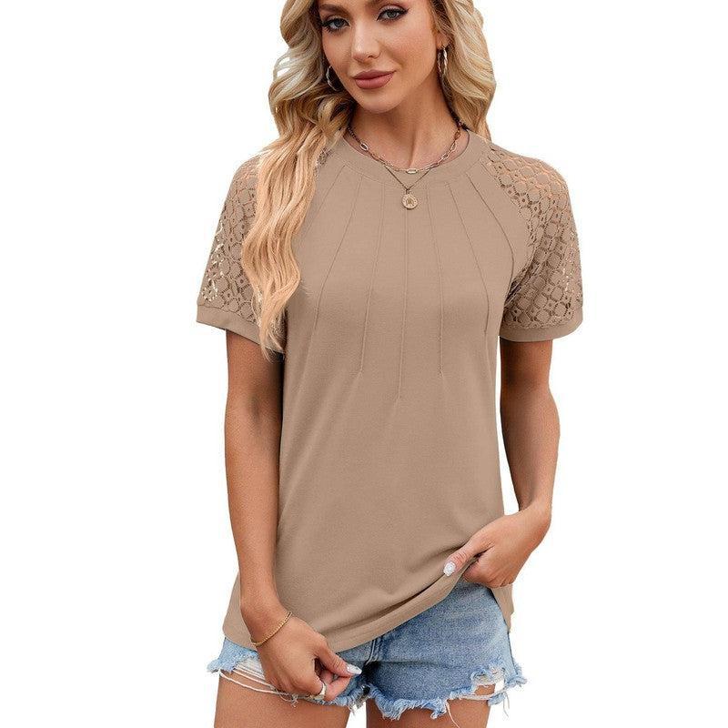 Solid Color Round Neck Top Women's Lace Hollow Design Short Sleeve T-Shirt Summer Womens Clothing-Khaki-5