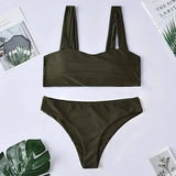 Solid color shoulder split swimsuit women-ArmyGreen-7