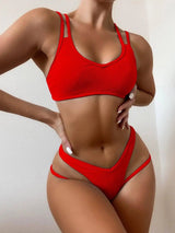 Solid Color Split Swimsuit Cross Strap Bikini-Red-1