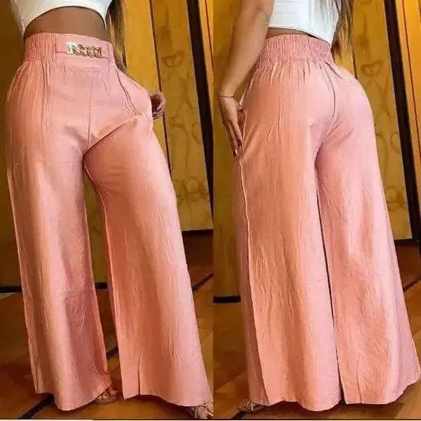 Solid Color White Wide-leg High-waisted Trousers Loose-Pink-3