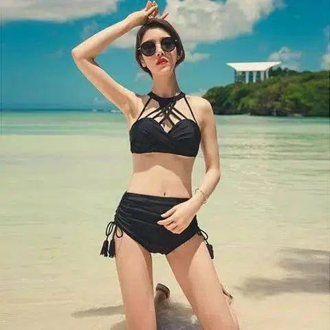 Split swimsuit female bikini small chest sexy conservative-Black-1