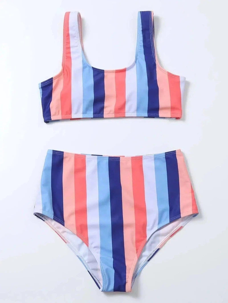 Striped Print Bikini High Waist Swimsuit-Pink-2