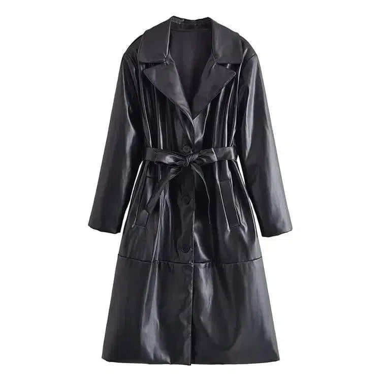 Stylish Belted Faux Leather Trench Coat-6